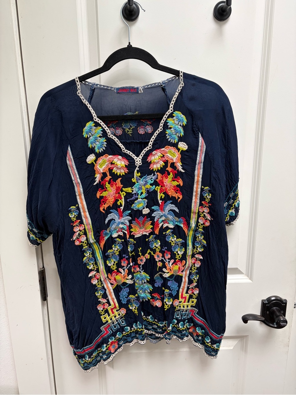Johnny Was Embroidered Navy Floral V-Neck Women's Top
